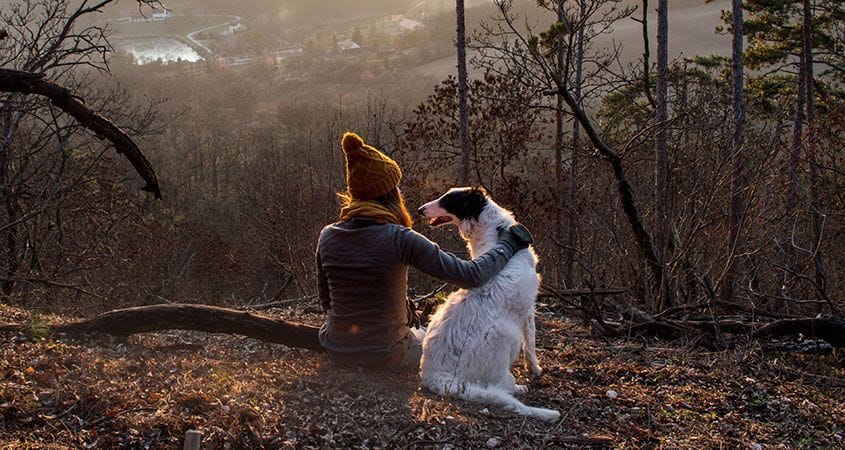 A woman sits with her dog to enjoy the view.