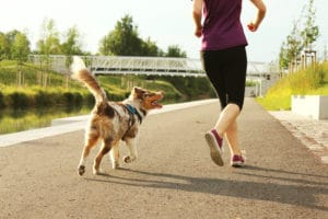 A woman jogs with her dog