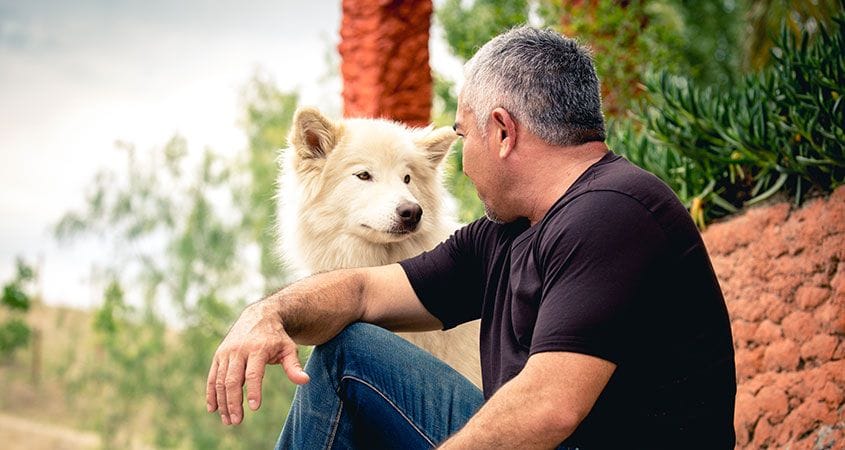 Cesar sits outside on a nice day with his dog